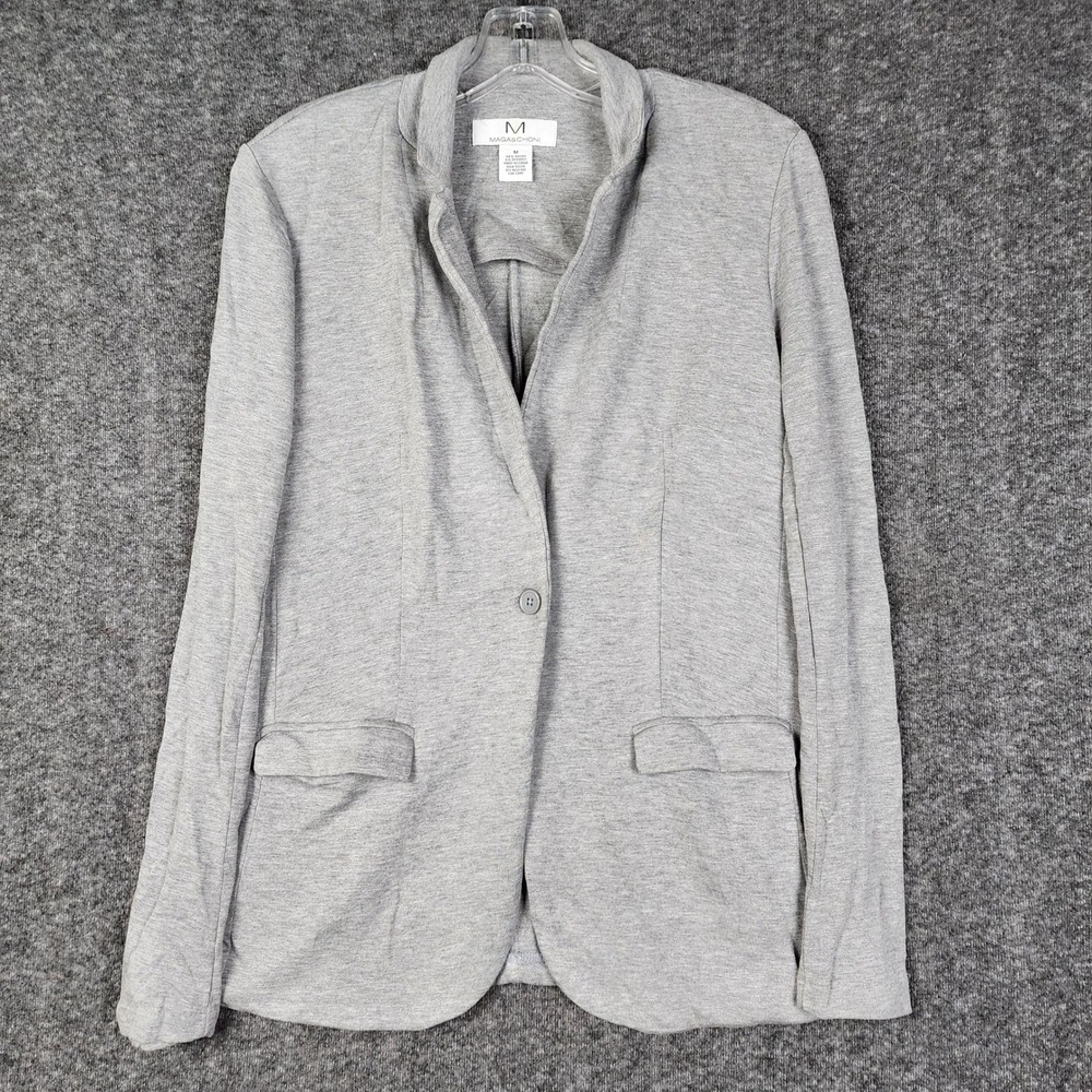 Magaschoni Knit Blazer Women Medium Grey Stand Collar Single‎ Button Stretch
